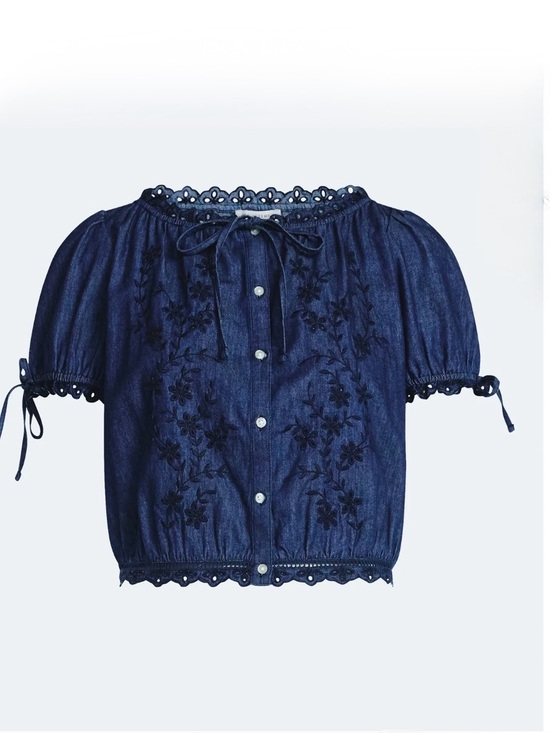 Free Assembly Tops - Free Assembly Floral Embroidered Eyelet Peasant Blouse Indigo Medium NWT